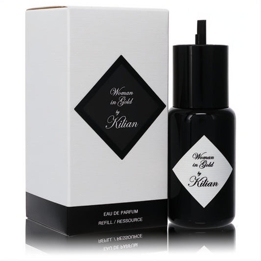 Elegant Kilian Woman in Gold black EDP refill bottle with white diamond label, next to its matching white branded box.