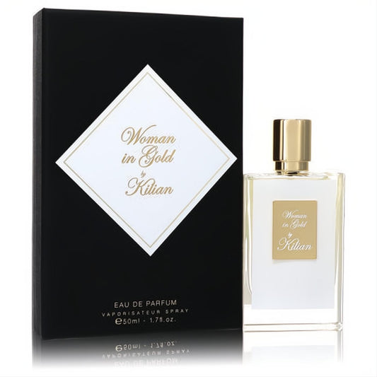 Elegant clear glass bottle with gold cap, luxurious black box with white diamond label for Woman in Gold by Kilian 1.7 oz EDP.