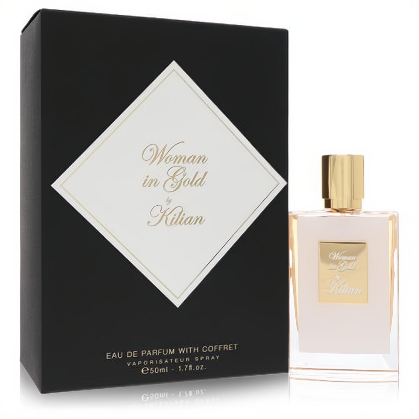 Woman in Gold by Kilian 1.7 oz EDP spray. Luxurious black coffret box with white diamond label, clear bottle, gold cap.