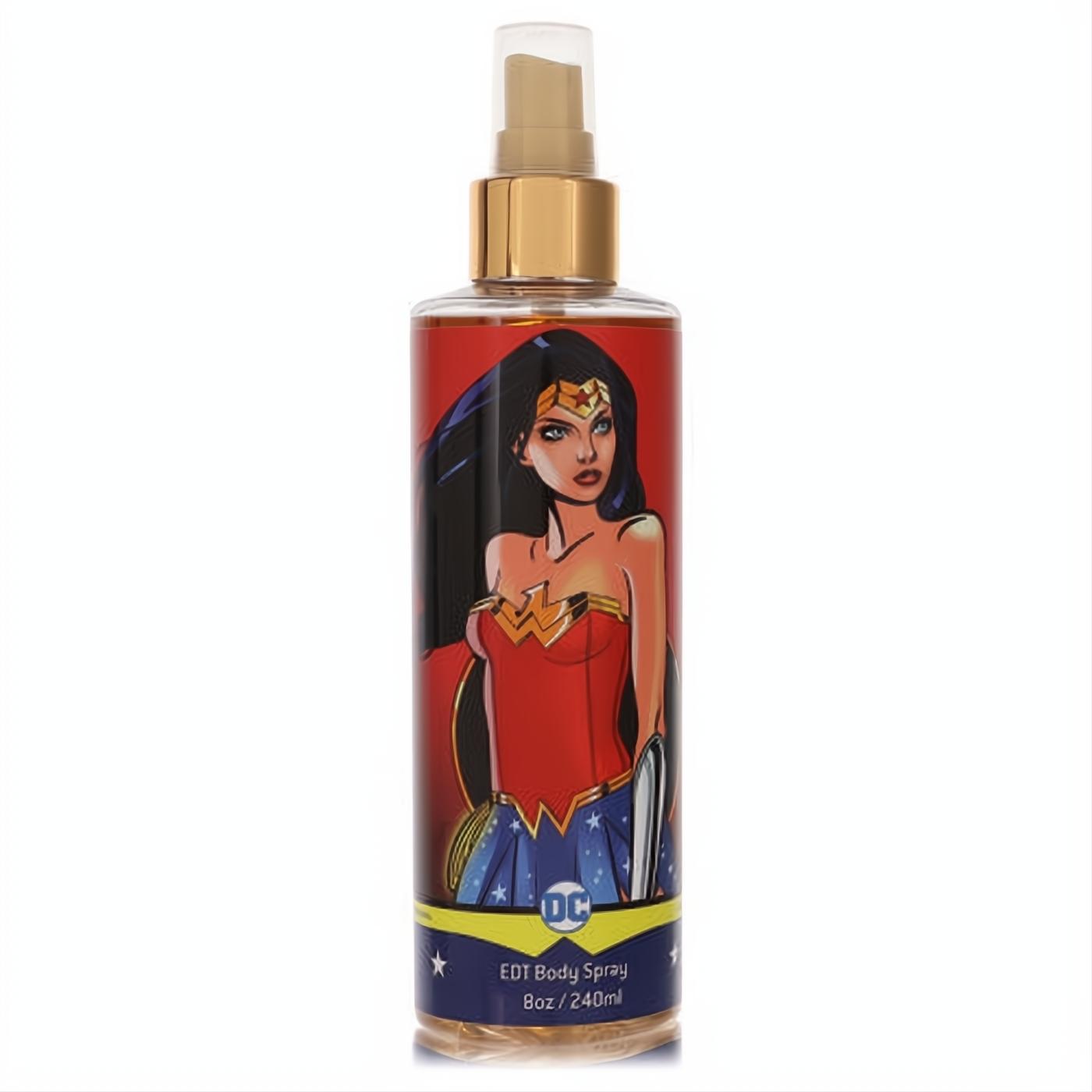 Vibrant Wonder Woman 8oz EDT Body Spray. Clear bottle features iconic hero art, sleek gold cap, and DC logo.