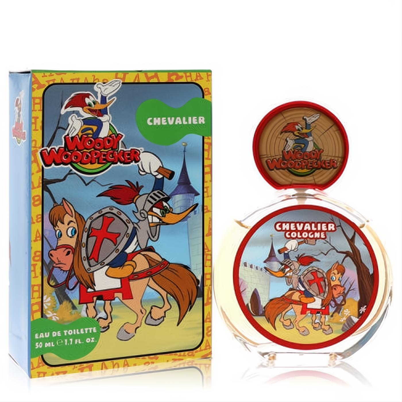 Woody Woodpecker Chevalier 1.7 oz EDT spray. Clear glass bottle and vibrant box showcase Woody as a knight on horseback.