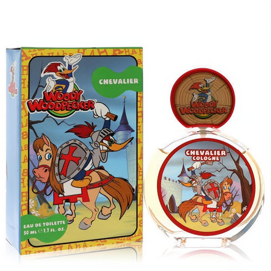 Woody Woodpecker Chevalier 1.7 oz EDT spray. Clear glass bottle and vibrant box showcase Woody as a knight on horseback.
