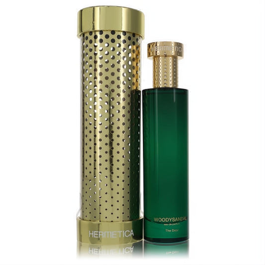 Hermetica Woodysandal 3.3 oz unisex EDP. Sleek dark green glass bottle, elegant gold cap, and unique perforated gold packaging.
