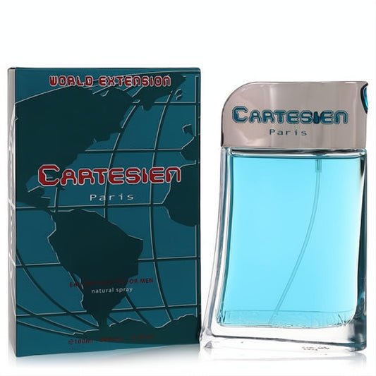 Viviane Vendelle World Extension Cartesien men's cologne: vibrant blue 3.4oz bottle with sleek silver cap & global map box.