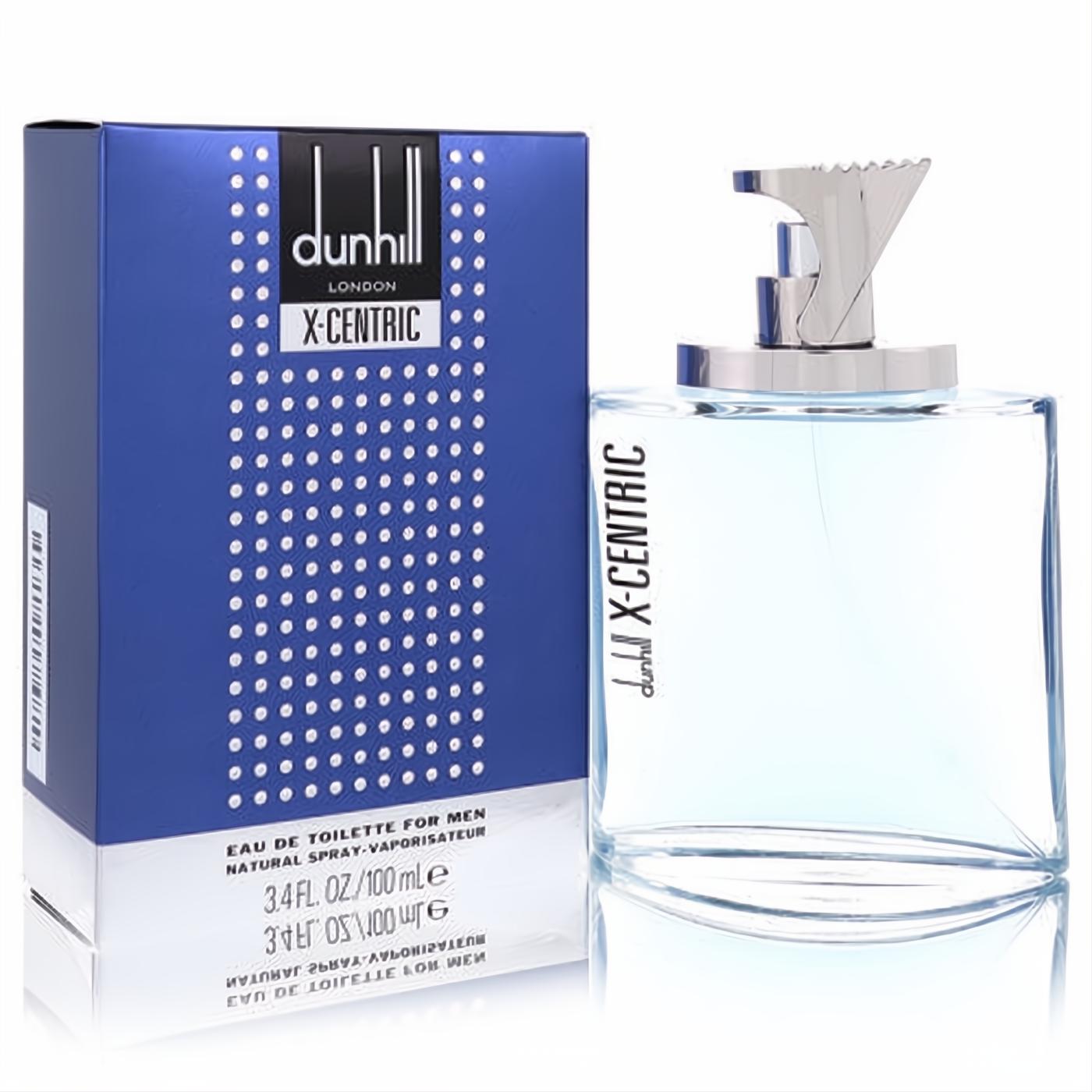 Alfred Dunhill X-Centric 3.4 oz EDT for men: a bold blue box and sleek clear glass bottle with a distinctive silver cap.