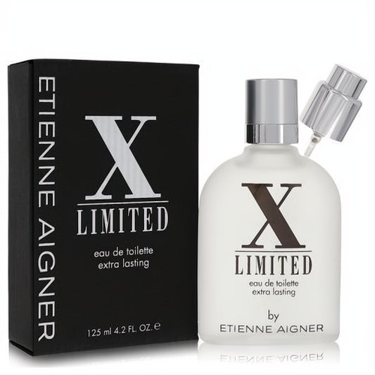 X Limited by Etienne Aigner 4.2 oz EDT spray. Frosted white bottle, silver cap, and sleek black box.