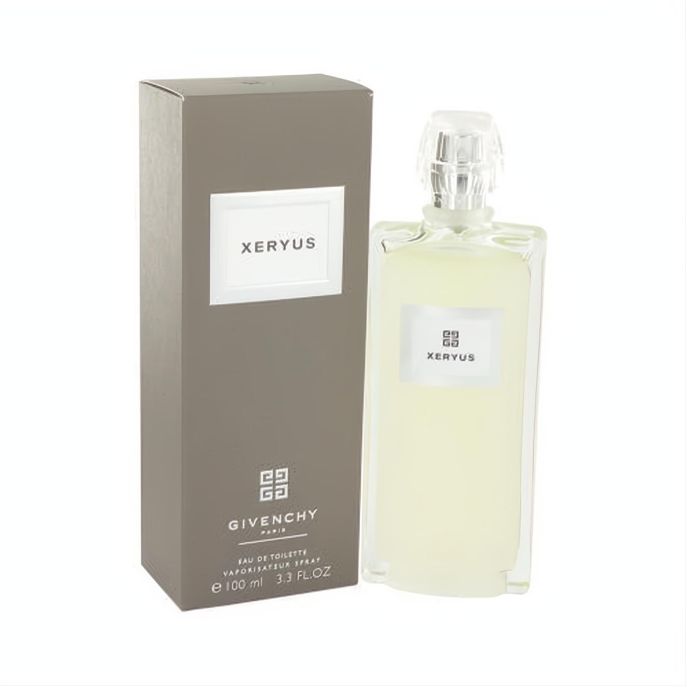 Givenchy Xeryus 3.4 oz Eau De Toilette spray. Clear glass bottle with faceted cap, presented in a sophisticated grey box.