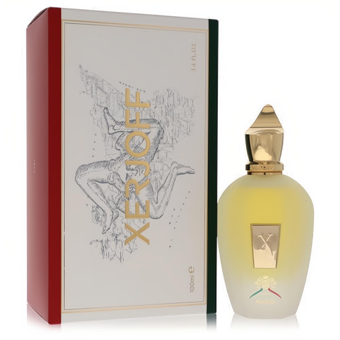 Elegant Xerjoff XJ 1861 Naxos 3.4 oz EDP. Frosted bottle with gold cap and iconic 'X' logo, beside its white box with gold Trinacria design