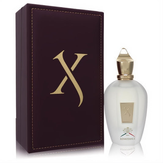 Xerjoff XJ 1861 Renaissance 3.4 oz unisex EDP. Frosted bottle, gold X logo, ornate cap, and luxurious burgundy leather box.