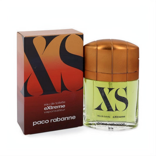 Paco Rabanne XS Extreme Eau De Toilette. Iconic green bottle with a bronze cap, displayed alongside its bold brown and gold branded box.