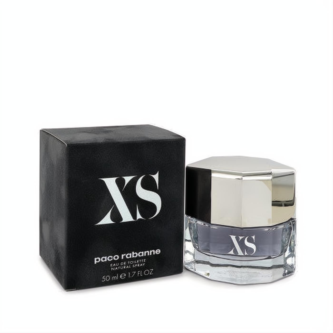 Paco Rabanne XS 1.7 oz EDT spray: sleek clear bottle with faceted silver cap, next to its iconic matte black box.