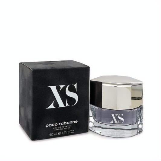 Paco Rabanne XS 1.7 oz EDT spray: sleek clear bottle with faceted silver cap, next to its iconic matte black box.