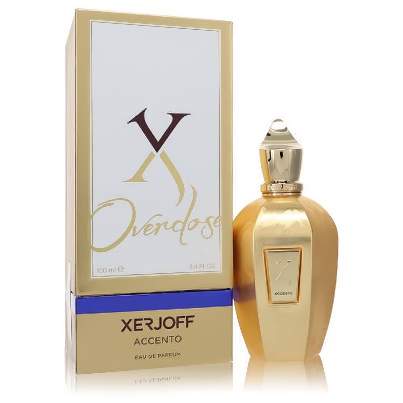 Xerjoff Accento Overdose 3.4 oz unisex EDP. Opulent gold bottle and elegant gold/white box with blue accent.