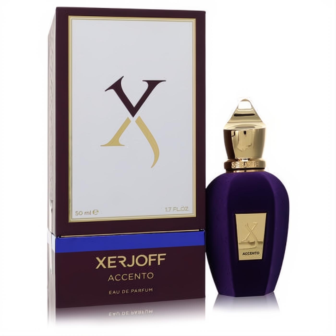 Xerjoff Accento 1.7 oz unisex EDP. Rich purple bottle with gold cap & label, beside elegant burgundy box.
