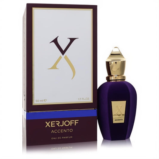 Xerjoff Accento 1.7 oz unisex EDP. Rich purple bottle with gold cap & label, beside elegant burgundy box.