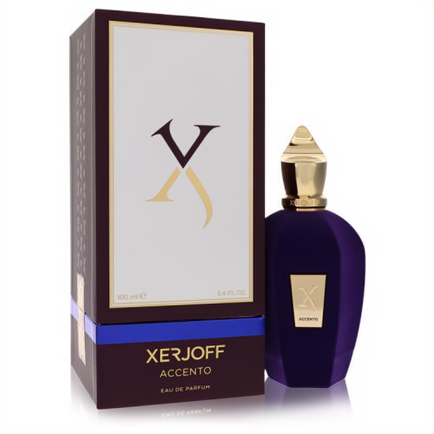Luxurious Xerjoff Accento 3.4 oz unisex EDP. Distinctive dark purple bottle with gold cap and "X" logo, next to its elegant branded box.