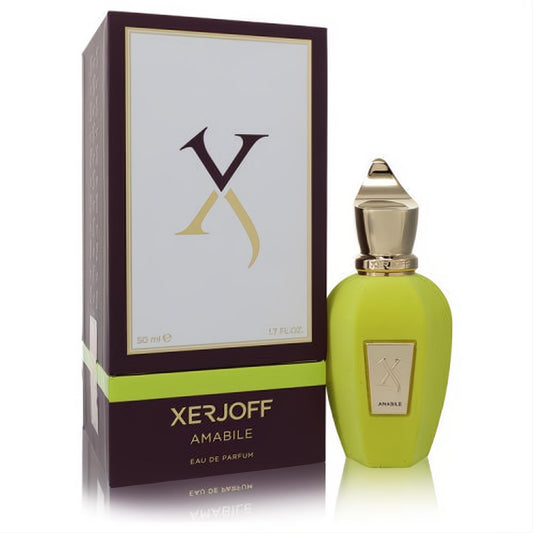 Xerjoff Amabile 1.7 oz unisex EDP. Vibrant lime green bottle with a distinctive gold cap, next to its elegant burgundy box.