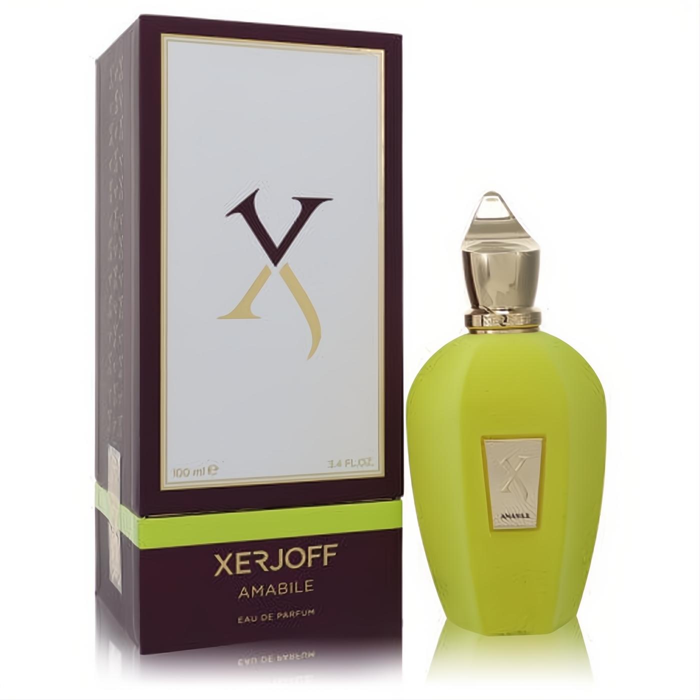 Discover Xerjoff Amabile 3.4 oz Eau De Parfum: a vibrant lime green bottle with a unique gold cap, in an elegant brown box.