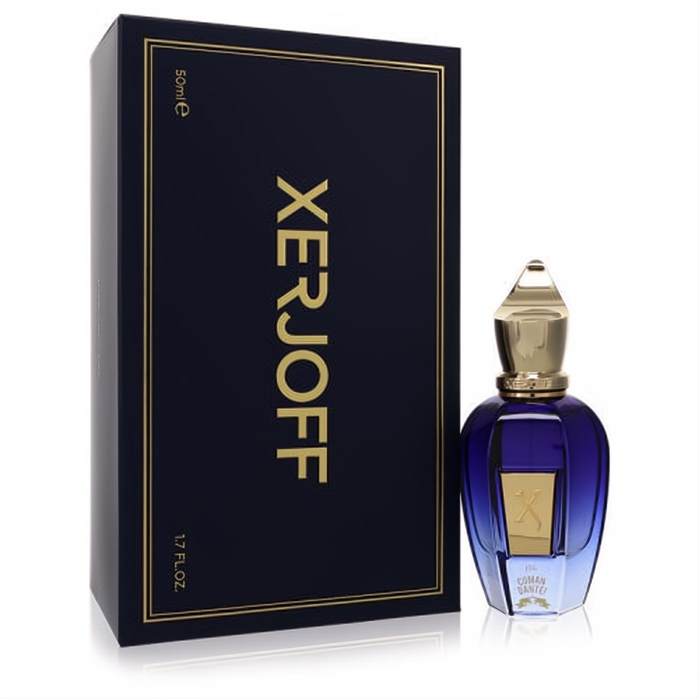 Xerjoff Comandante! 1.7 oz unisex EDP. Features an ornate blue glass bottle with a gold cap and a sleek black & gold box.