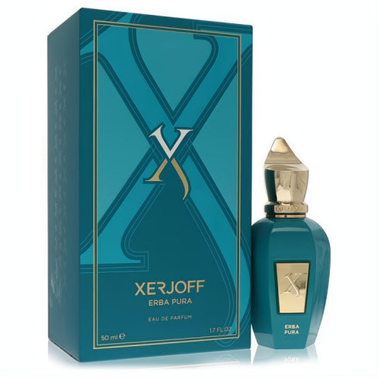 Xerjoff Erba Pura 1.7 oz EDP. Exquisite teal bottle, unique gold cap, and elegant matching box for luxury fragrance.