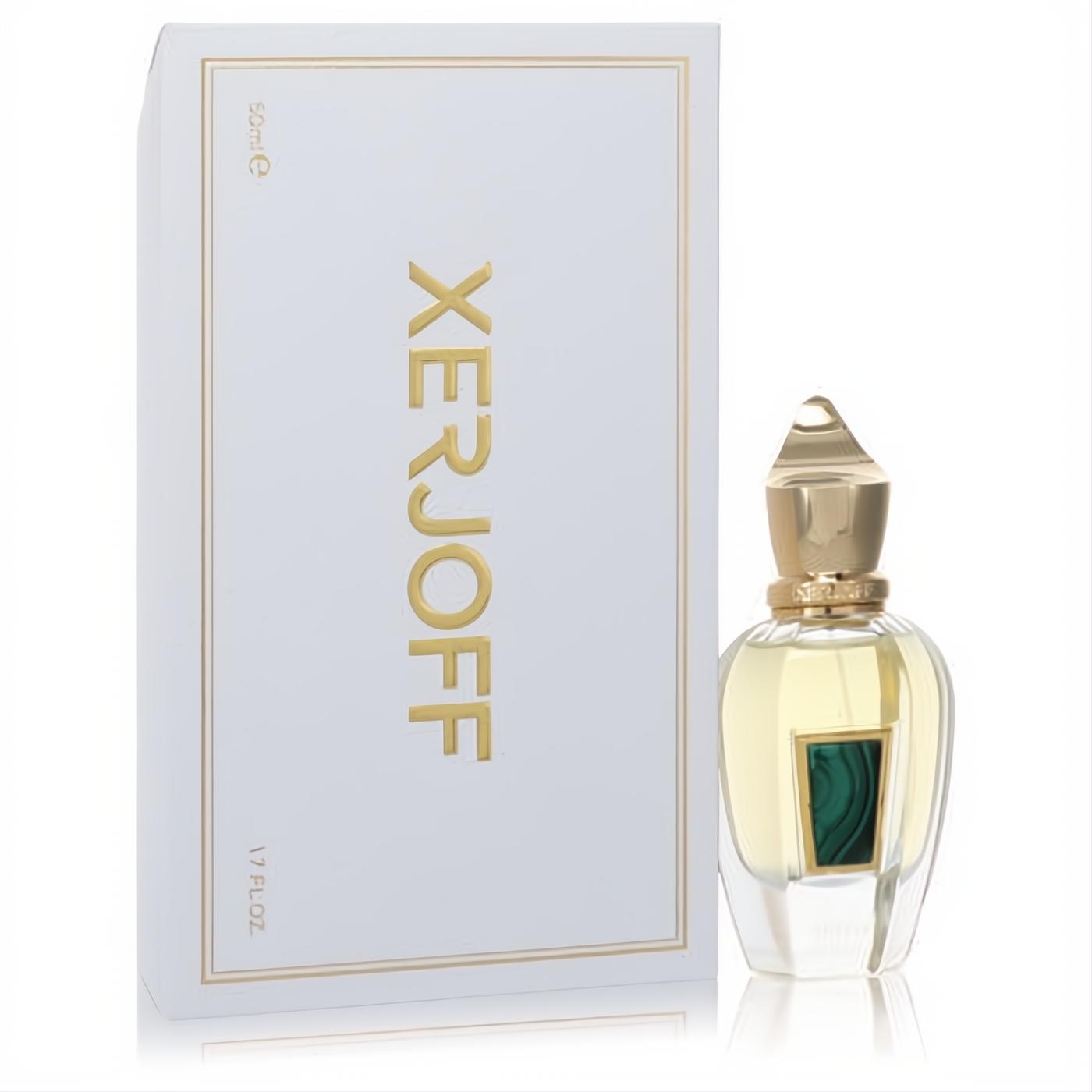 Exquisite Xerjoff Irisss 1.7 oz EDP spray. Clear glass bottle features a striking green inlay, ornate gold cap, and elegant white box.