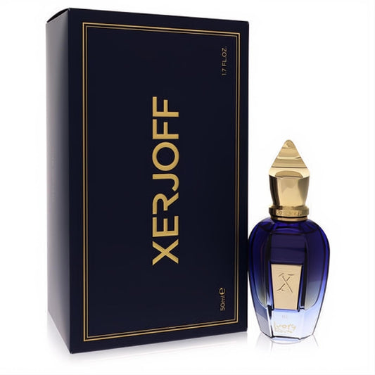 Luxurious Xerjoff Ivory Route 1.7 oz unisex EDP. Deep blue bottle, ornate gold cap, and elegant navy box.