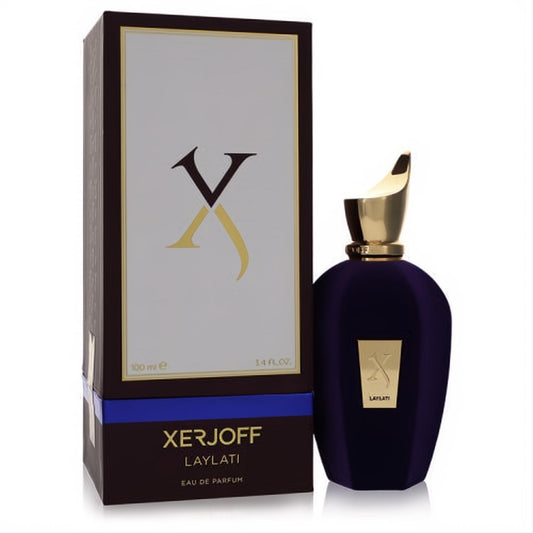 Luxurious Xerjoff Laylati 3.4 oz unisex Eau De Parfum. Distinctive dark purple velvet bottle with elegant gold cap and branded box.