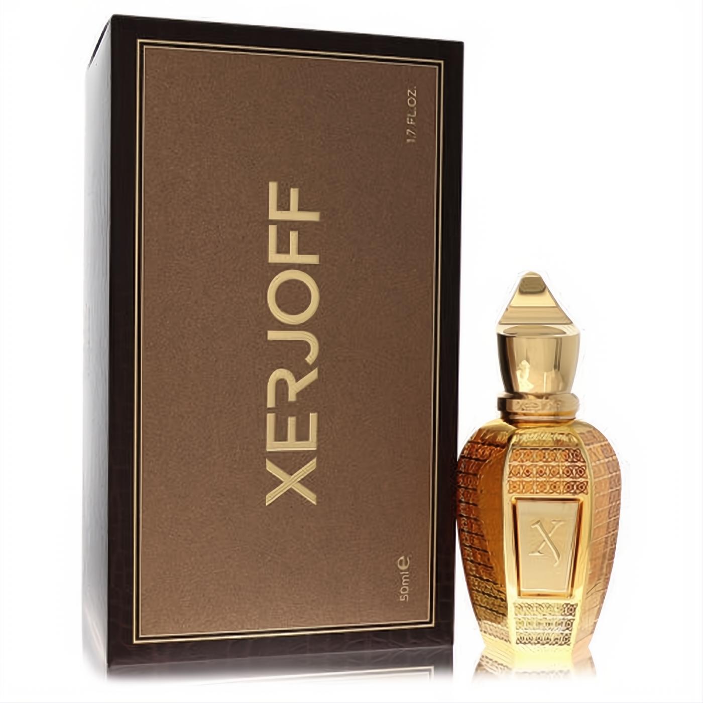 Stunning Xerjoff Luxor 1.7 oz EDP in a faceted gold bottle with 'X' emblem, displayed beside its luxurious brown and gold box.