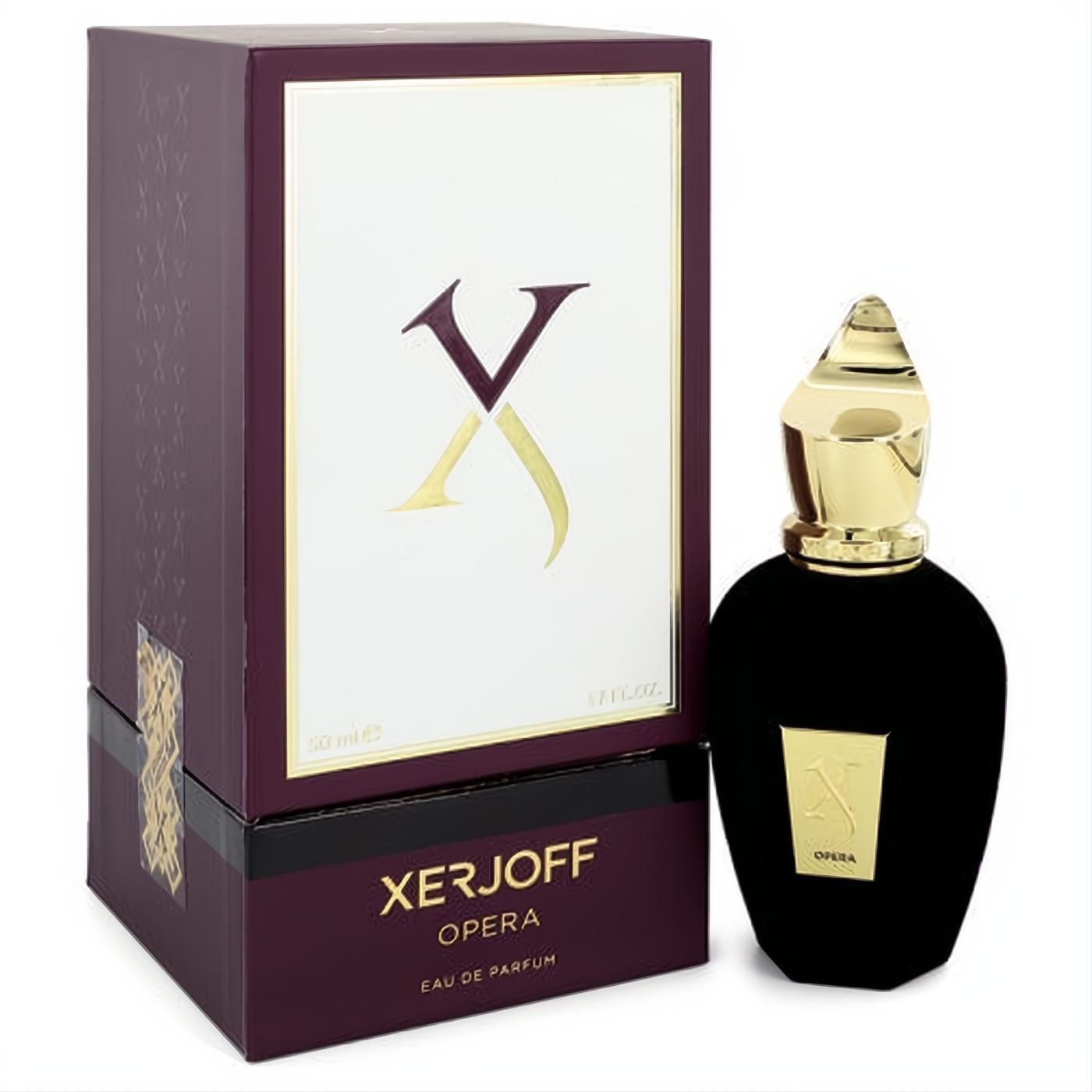 Luxurious Xerjoff Opera 1.7 oz EDP. Elegant black bottle with a gold ornate cap, beside its rich burgundy and gold box.