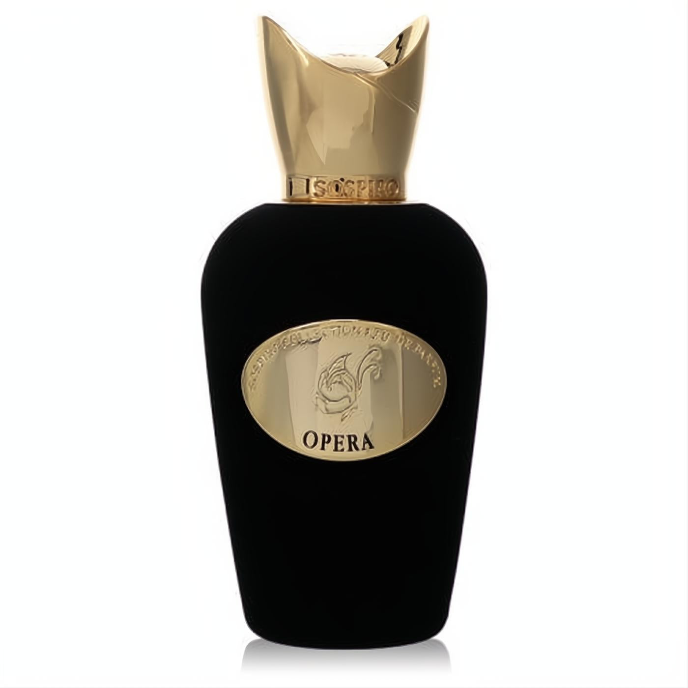 Luxurious Isospiro Opera perfume in a sleek black velvet bottle with an ornate gold crown cap and swan emblem.