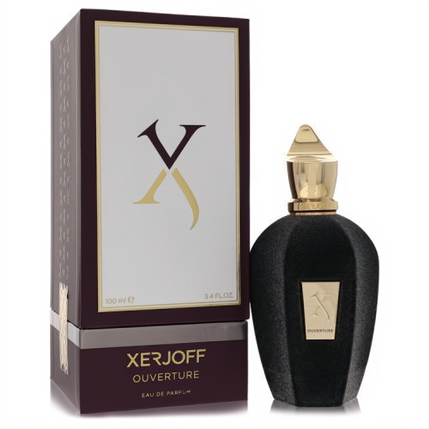 Luxurious Xerjoff Ouverture 3.4 oz unisex fragrance. Features a unique textured black bottle, gold cap, and elegant burgundy box.