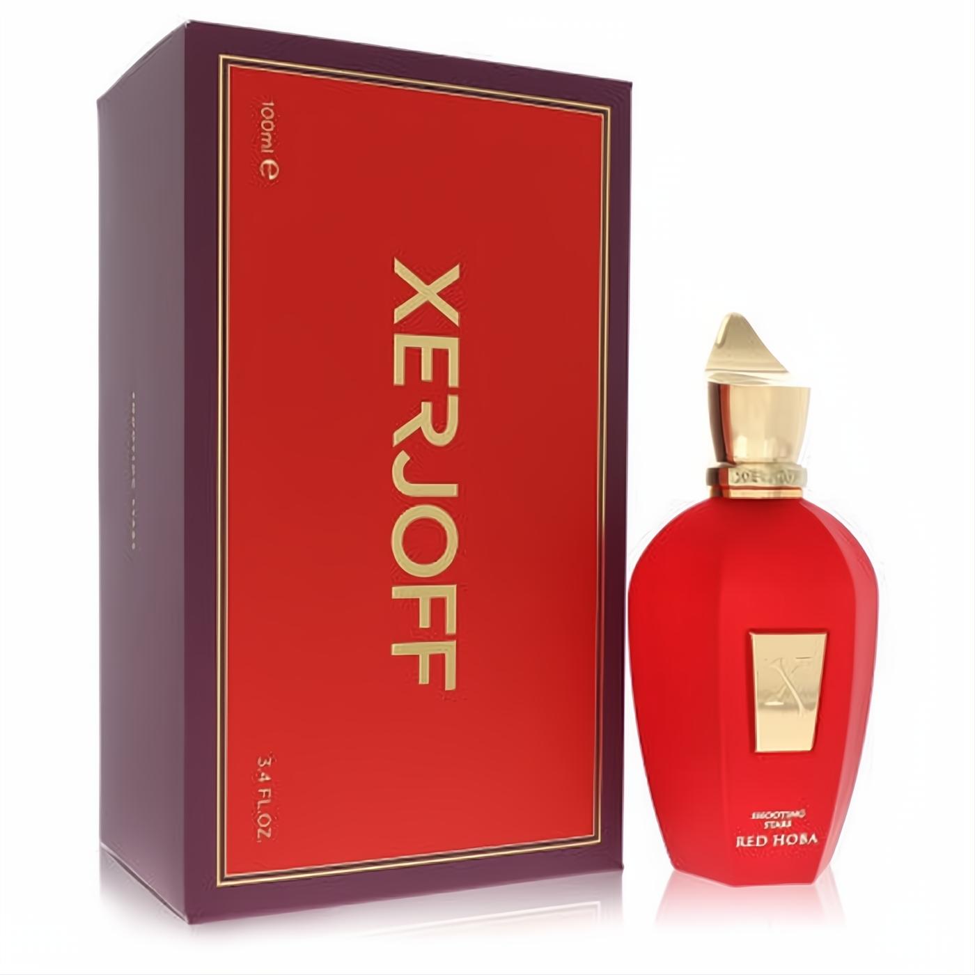 Bold red Xerjoff Red Hoba 3.4 oz unisex EDP bottle with a unique gold cap, X emblem, and matching luxury box.