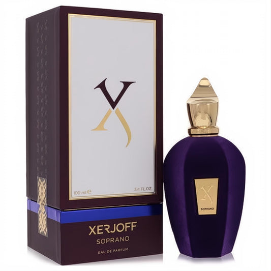 Xerjoff Soprano 3.4 oz unisex fragrance. Deep purple velvet bottle with ornate gold cap and luxurious burgundy box.