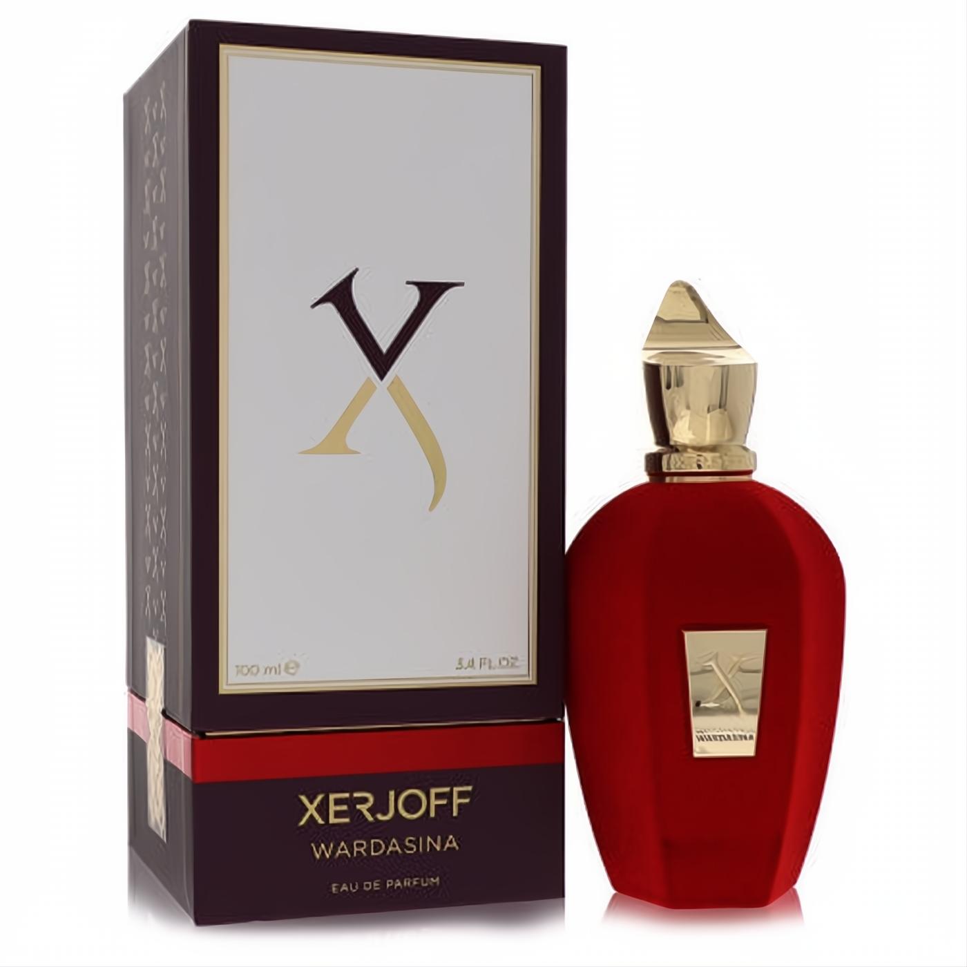 Elegant Xerjoff Wardasina 3.4 oz unisex EDP. Rich red velvet bottle, ornate gold cap, and sophisticated dark brown box.