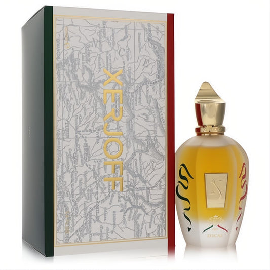 Luxurious Xerjoff Xj 1861 Decas unisex EDP. Elegant amber bottle with gold cap, Italian flag accents, and decorative map box.