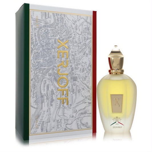 Luxurious Xerjoff XJ 1861 Zefiro 3.4 oz unisex EDP. Frosted bottle with gold 'X' logo, ornate cap, and elegant Italian flag box.