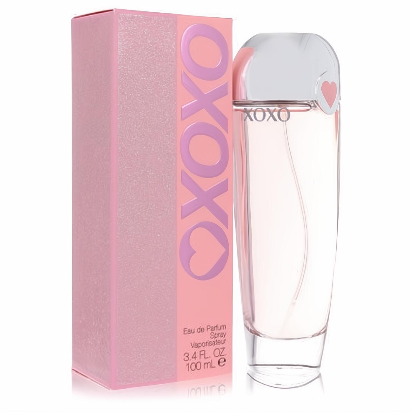 Xoxo by Victory International 3.4 oz Eau De Parfum. Feminine pink box and sleek bottle with silver cap, soft pink liquid, and heart detail.