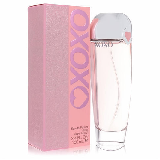 Xoxo by Victory International 3.4 oz Eau De Parfum. Feminine pink box and sleek bottle with silver cap, soft pink liquid, and heart detail.