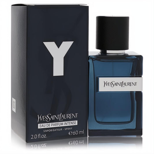 YSL Y Intense 2 oz Eau De Parfum for men. Luxurious dark blue glass bottle with silver YSL band & textured black cap.