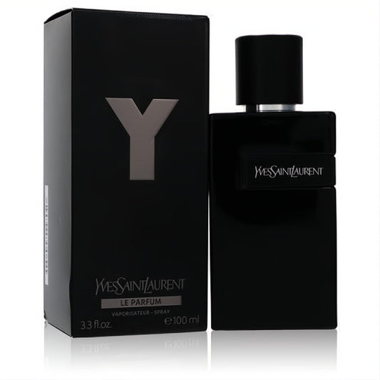 Luxurious Y Le Parfum by Yves Saint Laurent 3.3 oz men's fragrance. Sleek glossy black bottle and matte box with silver Y logo.