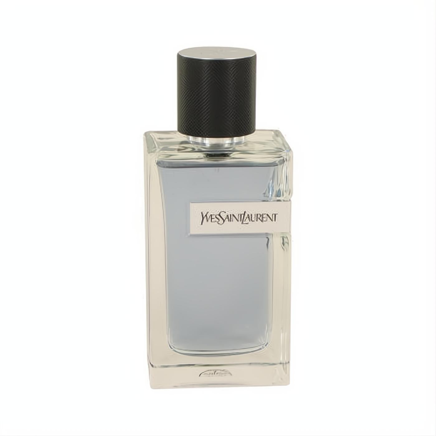 Modern Y by Yves Saint Laurent Eau De Toilette spray. Clear glass bottle, light blue liquid, silver YSL label, black ribbed cap.