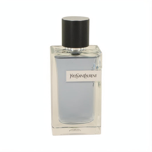 Modern Y by Yves Saint Laurent Eau De Toilette spray. Clear glass bottle, light blue liquid, silver YSL label, black ribbed cap.