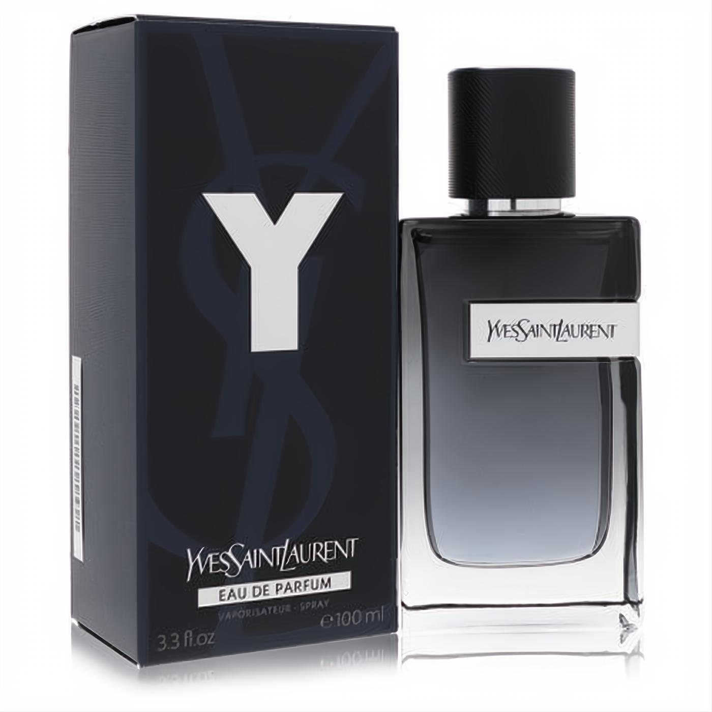 Y by Yves Saint Laurent Eau De Parfum 3.3 oz for men. Elegant dark blue gradient glass bottle with black cap, beside its branded box.