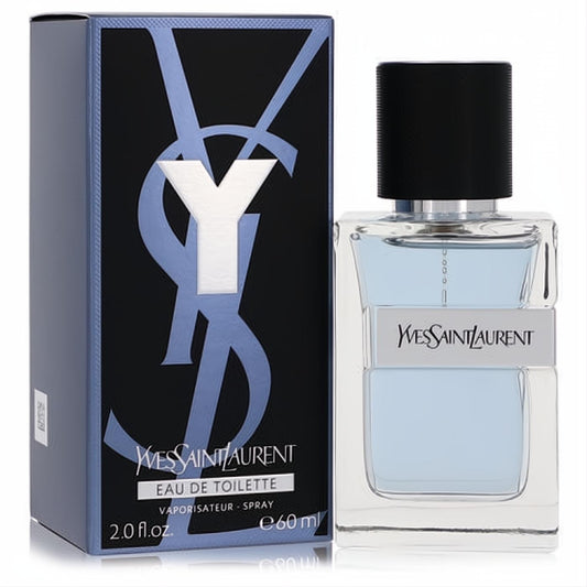 Y by Yves Saint Laurent 2 oz men's EDT. Sleek clear glass bottle with light blue fragrance, black cap, and bold black YSL logo box.