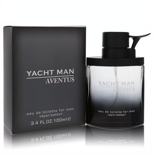 Yacht Man Aventus 3.4 oz EDT for men. Modern clear-to-black gradient bottle and sleek matte black box.