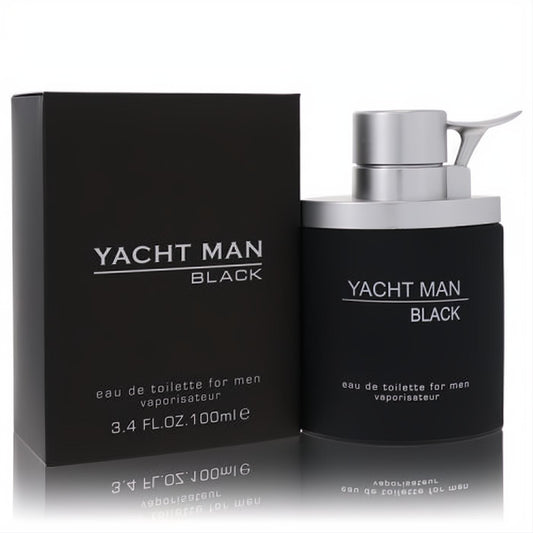 Yacht Man Black 3.4 oz EDT for men. Modern black bottle with distinctive silver pump and matching elegant box.