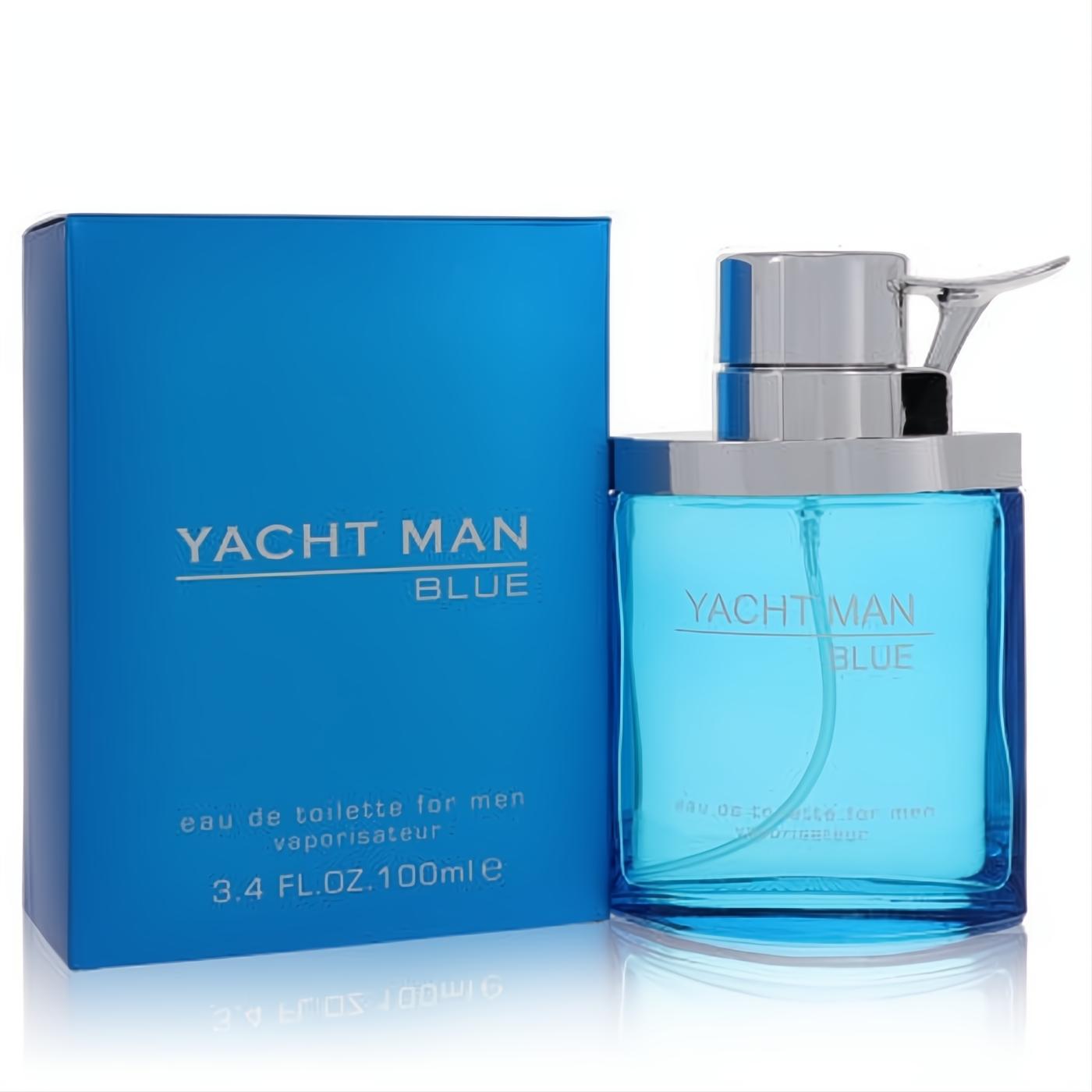 Refreshing Yacht Man Blue Eau De Toilette 3.4 oz spray. Features a sleek blue glass bottle with a modern silver cap and matching box.