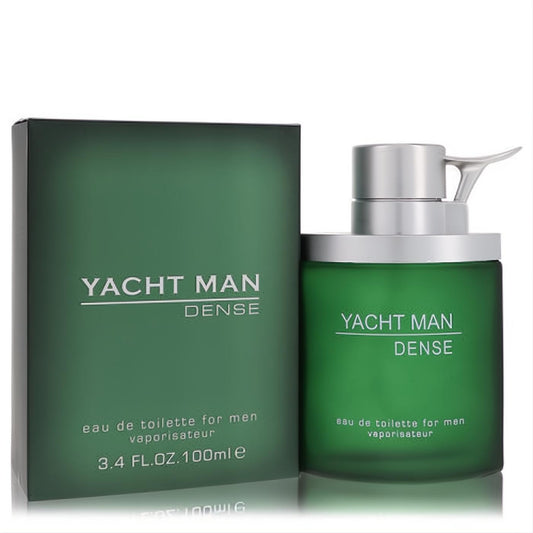 Discover Yacht Man Dense 3.4 oz men's eau de toilette. Sleek frosted green bottle, unique silver sprayer, and matching dark green box.