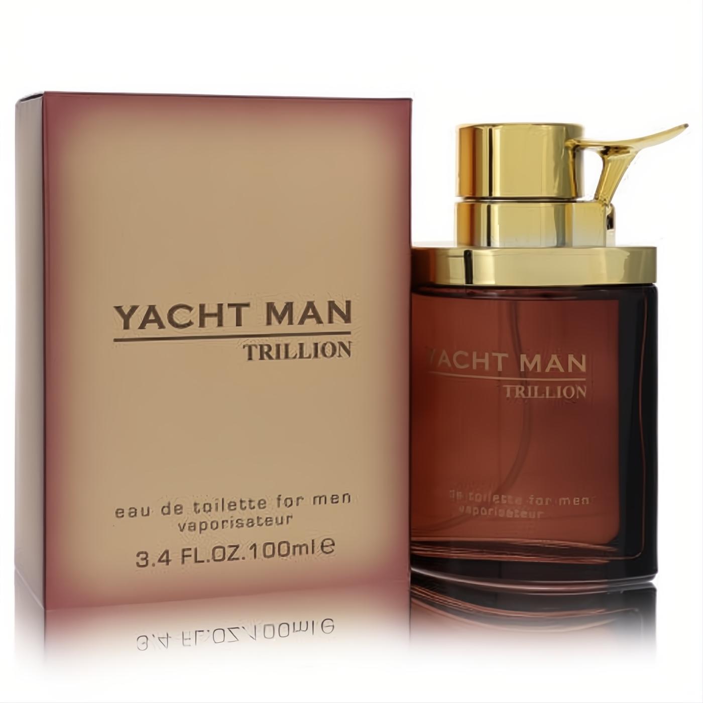 Yacht Man Trillion 3.4 oz men's Eau De Toilette. Rich bronze bottle, distinctive gold cap, and elegant matching box.