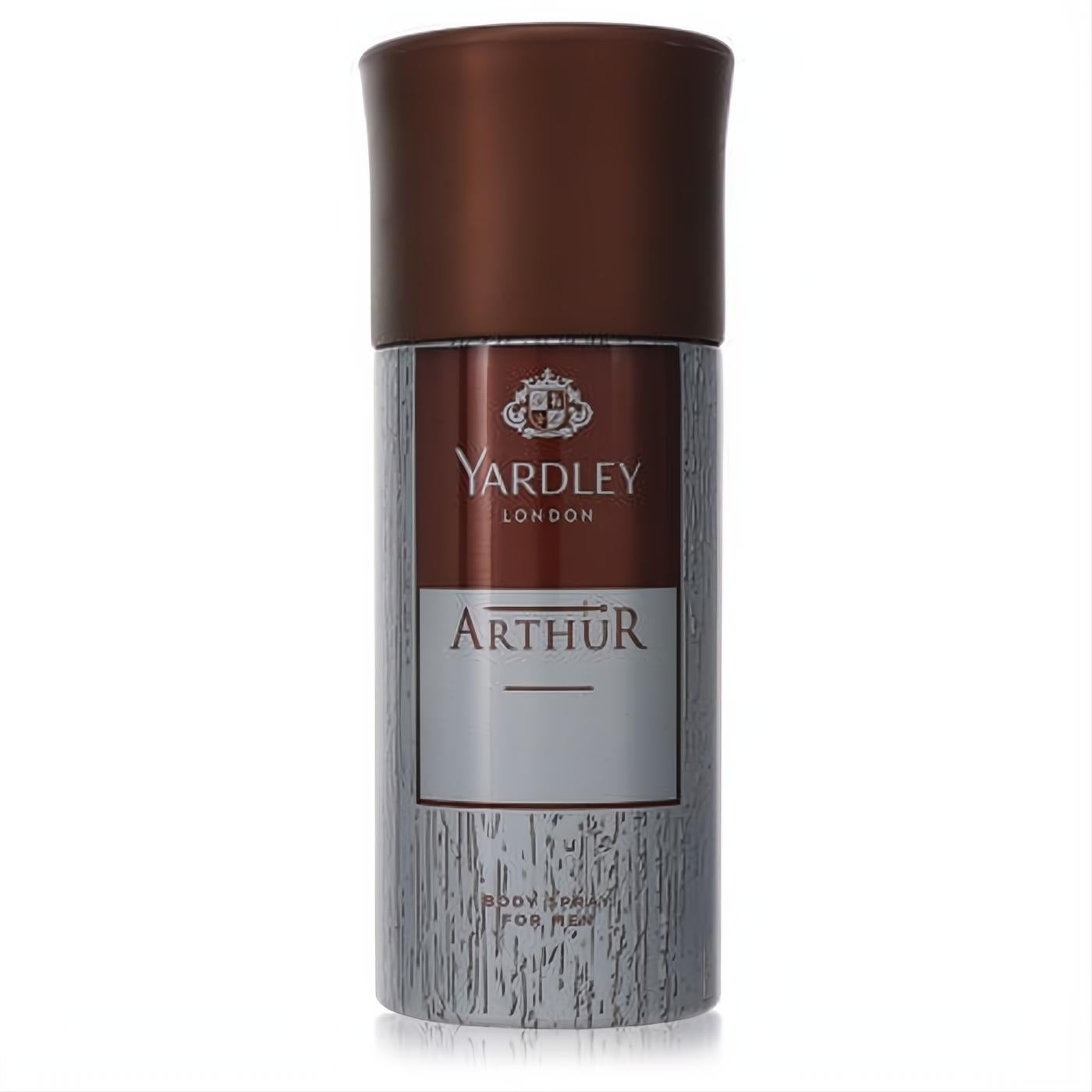 Experience Yardley Arthur 5.1 oz men's body spray. Features a sophisticated brown cap and elegant textured silver can.